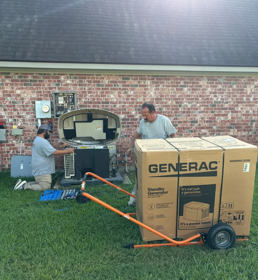 Louisiana Electrical & A/C Service technicians installing a Generac standby generator in Acadiana