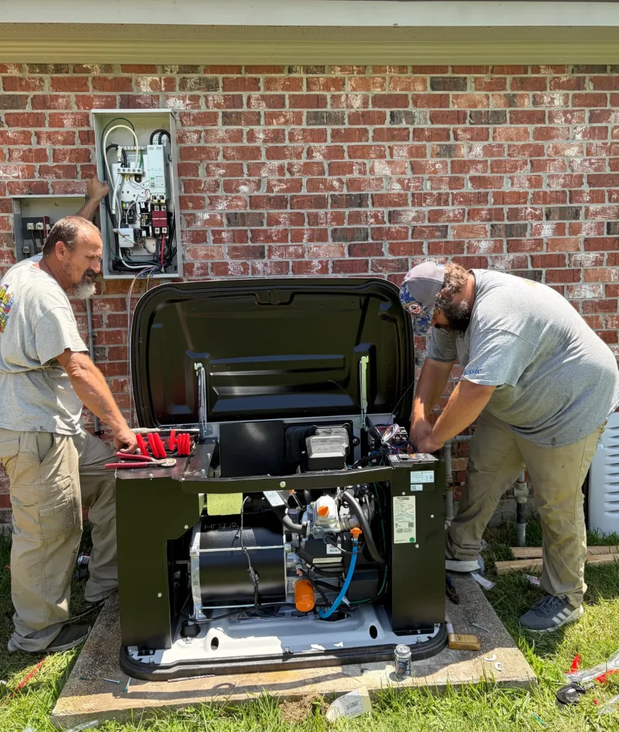 Technicians wiring and commissioning a Generac standby generator in Acadiana