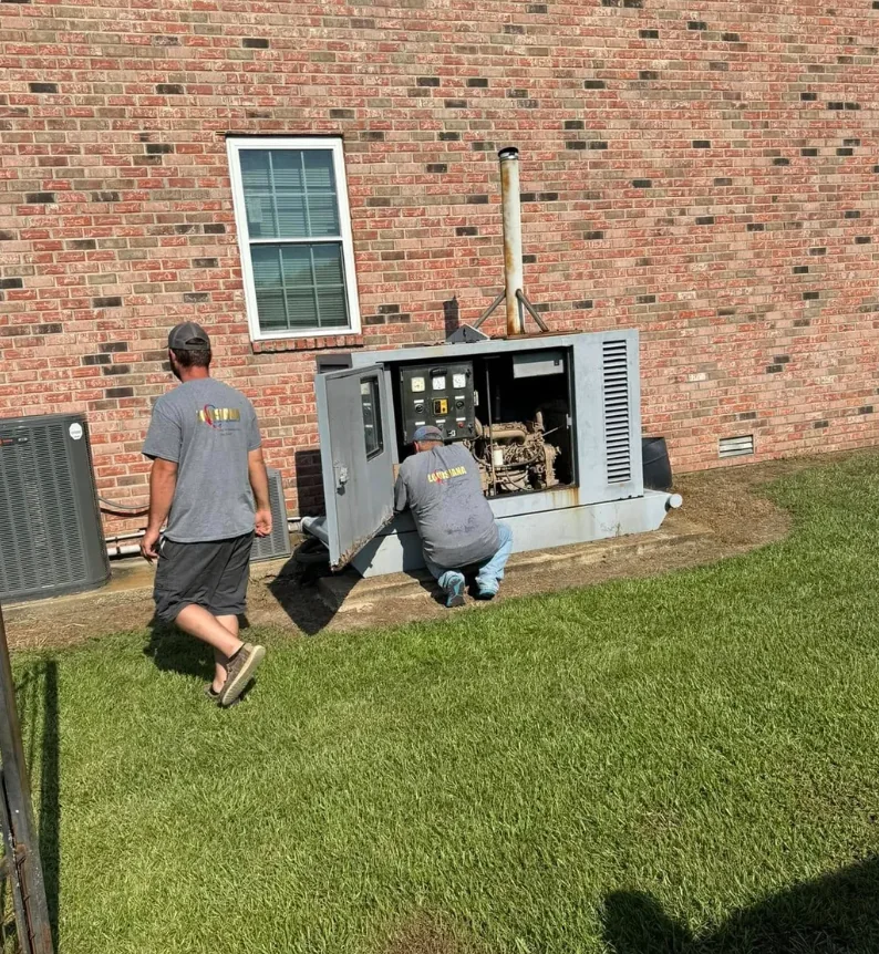 Louisiana Electrical & A/C Service technicians servicing a standby generator
